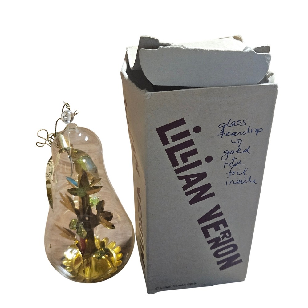Lillian Vernon Vintage Glass Teardrop Ornament Gold & Red Foil Tree Inside Box